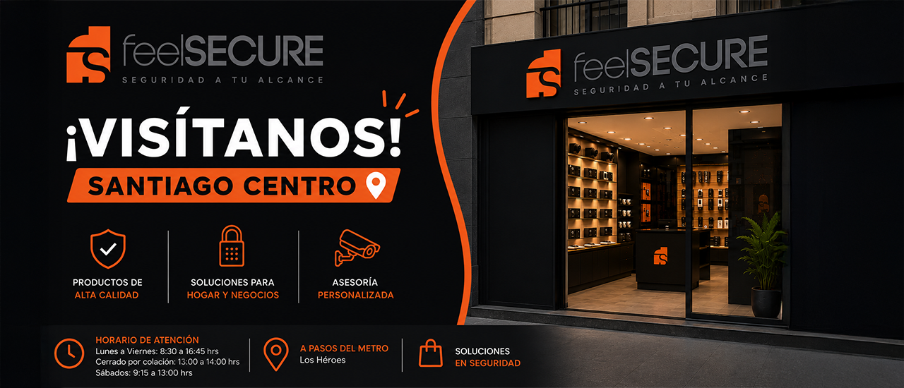 FeelSecure Santiago Centro. Soluciones para hogar y negocios con asesoría personalizada. Horario: Lunes a Viernes 8:30-16:45 (colación 13:00-14:00), Sábados 9:15-13:00. A pasos de Metro Los Héroes