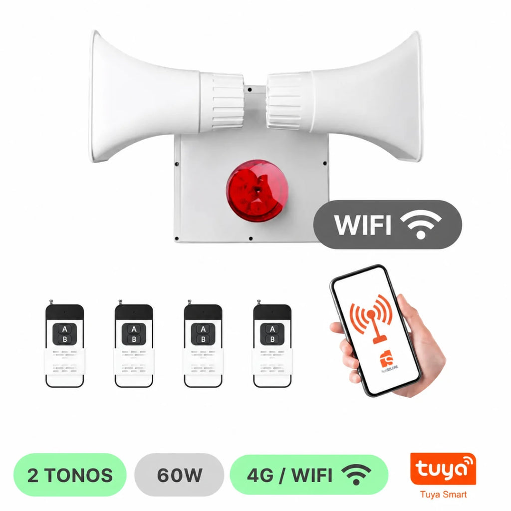 Kit 20 Alarma Comunitaria 60W + App Tuya + 4 Controles Alto Alcance Blanco