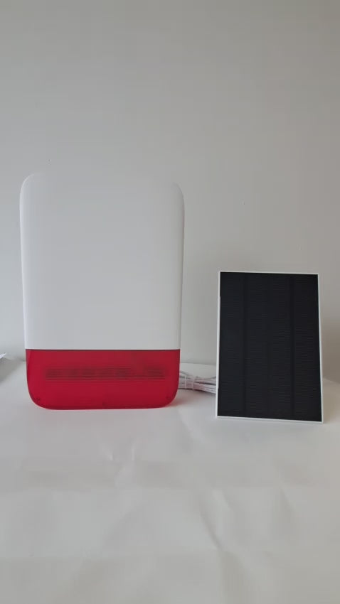 Sirena exterior inalámbrica con panel solar y volumen regulable para sistemas de alarma