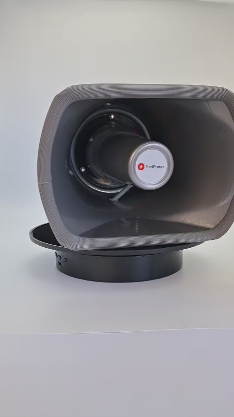 Bocina de aluminio gris 25W, 8 ohms y 105 dB. Ideal para alarmas y sistemas de sonido exterior